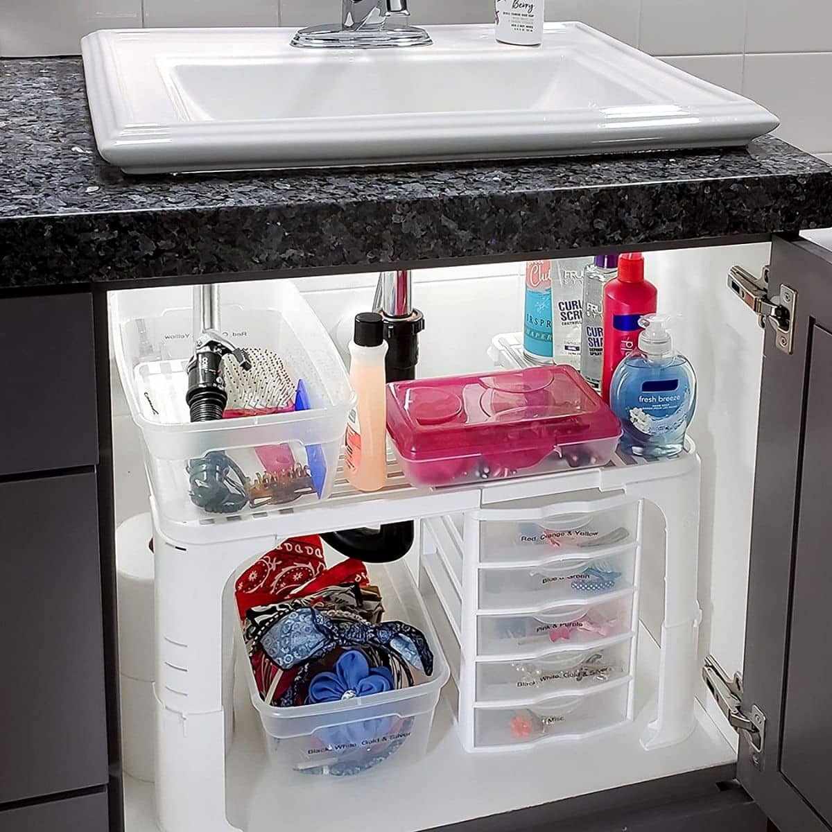 Expand from 17 to 26 inches Bathroom Cabinet JXRCW Expandable Under Sink Organizer Shelf Storage Rack with Removable Panels and Steel Pipes for Kitchen 1-Tier 
