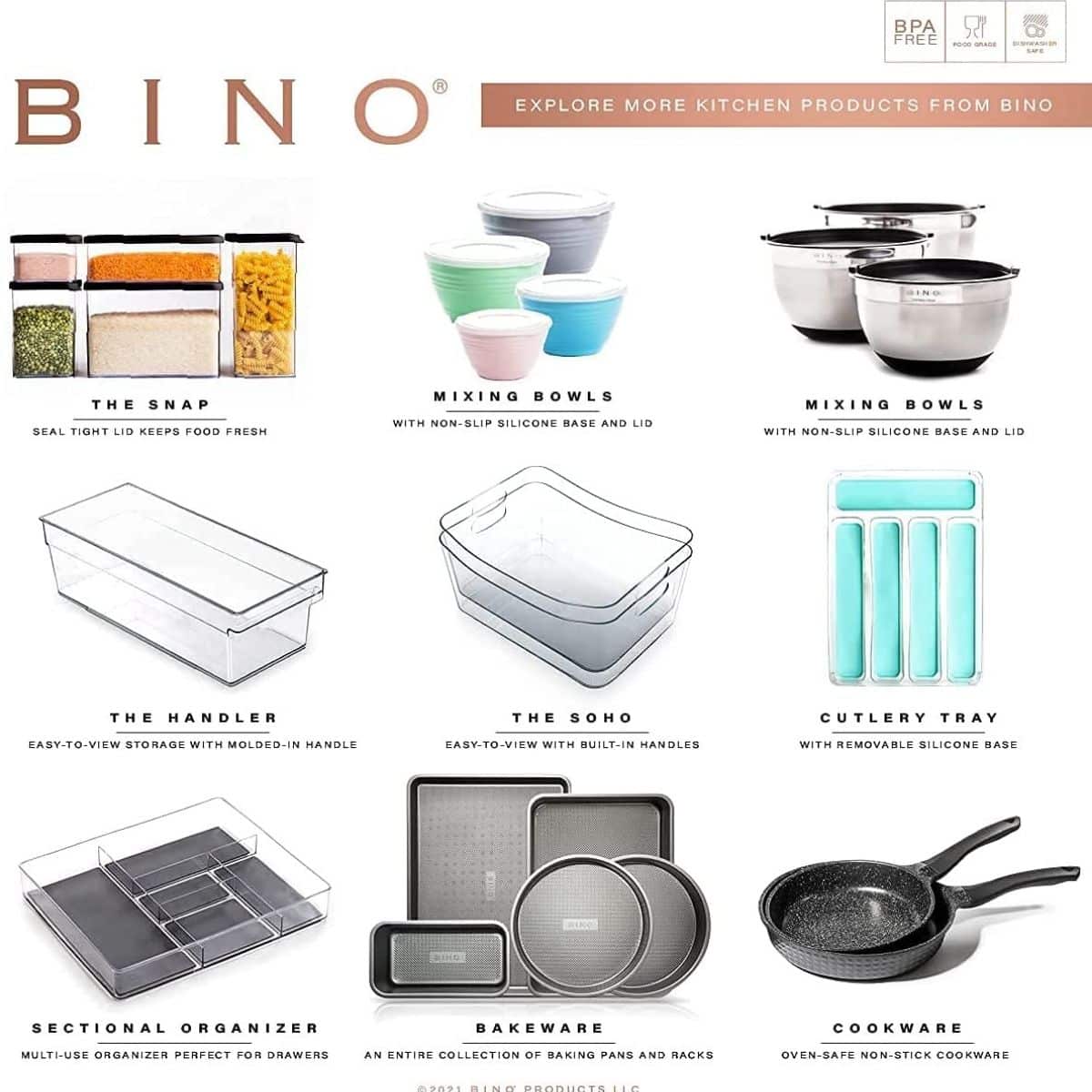 BINO, Plastic Storage Bins, Square – 3 Pack, THE LUCID COLLECTION, Multi-Use Organizer Bins, Built-In Handles, BPA-Free, Pantry Organization, Home Organization, Fridge Organizer