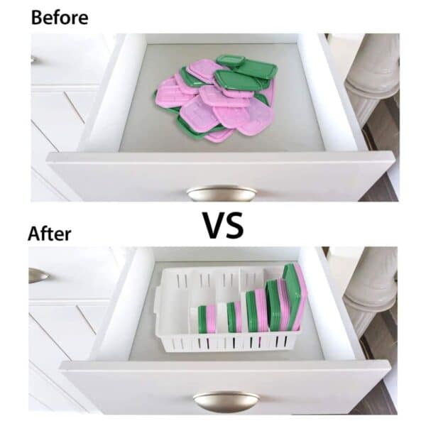 Lid Organizer for Food Storage Container, Bawuie Plastic Lid Holder with 4 Adjustable Dividers for Kitchen Pantry Cabinet and Drawer, Countertop Cupboard Lid Organization, Large, White - Image 5