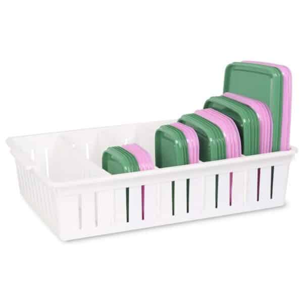 Lid Organizer for Food Storage Container, Bawuie Plastic Lid Holder with 4 Adjustable Dividers for Kitchen Pantry Cabinet and Drawer, Countertop Cupboard Lid Organization, Large, White