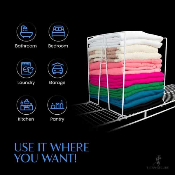 TitanSecure White Wire Shelf Dividers for Closets - Sturdiest Closet Organizer Takes Seconds to Install. Organize Your Bedroom, Bathroom and Much More - Works on Most 12 Inch Wire Shelves (Set of 8) - Image 5